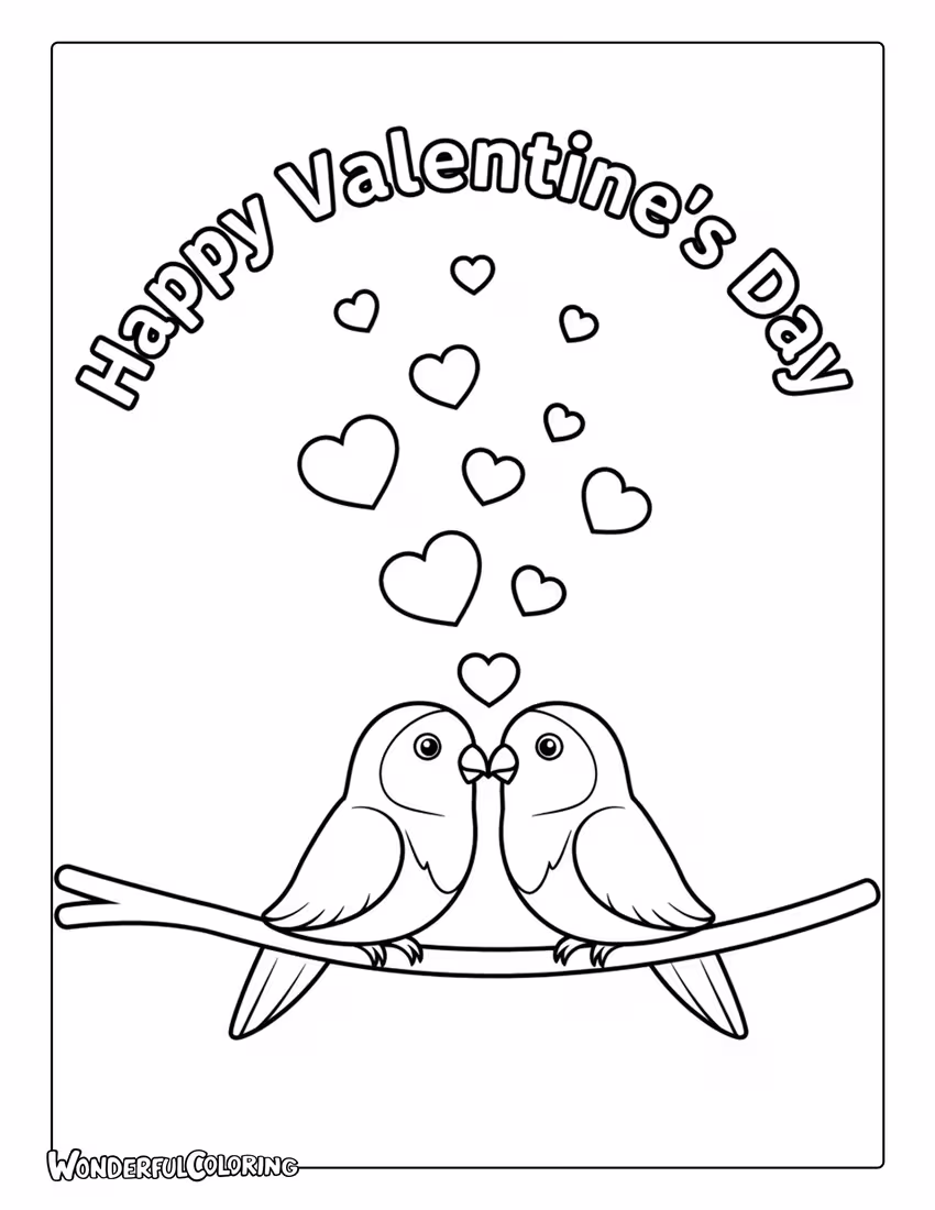 Happy Valentine’s Day lovebirds on branch coloring page