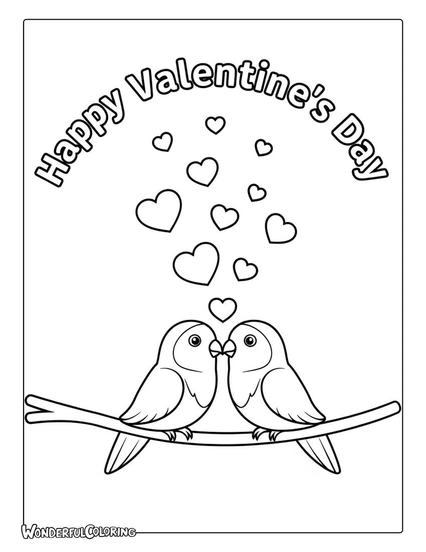 Happy Valentine’s Day lovebirds on branch coloring page