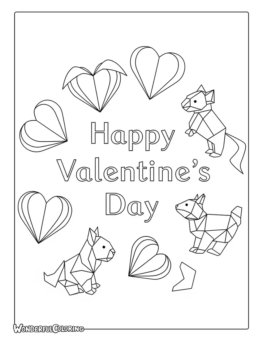 Happy Valentine’s Day origami hearts coloring page