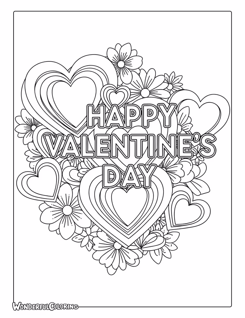 Happy Valentine’s Day papercut hearts coloring page