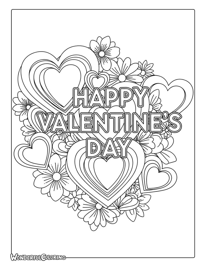 Happy Valentine’s Day papercut hearts coloring page