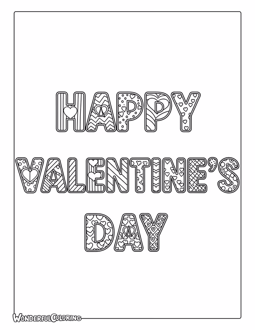Happy Valentine’s Day patchwork hearts coloring page