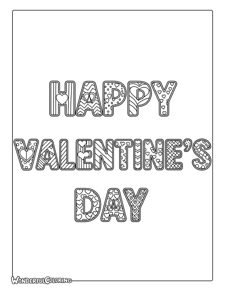 Happy Valentine’s Day patchwork hearts coloring page