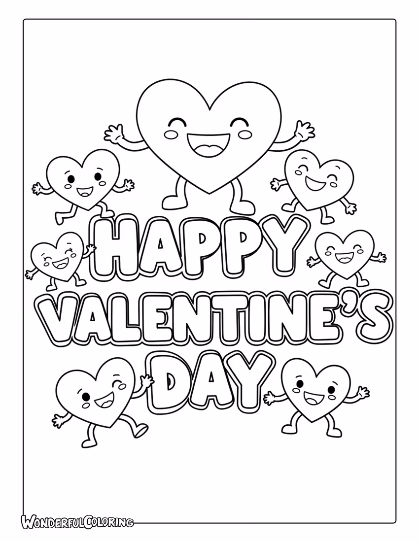 Happy Valentine’s Day smiling hearts kids coloring page