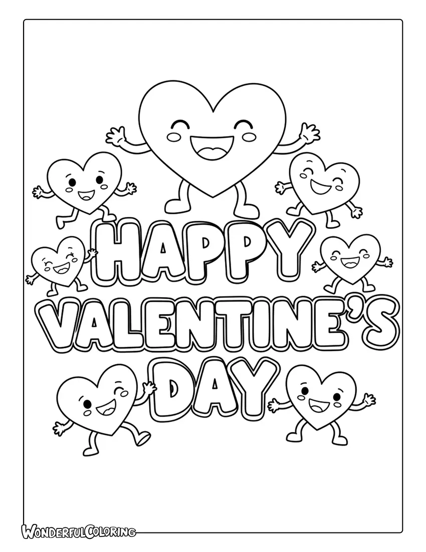 Happy Valentine’s Day smiling hearts kids coloring page