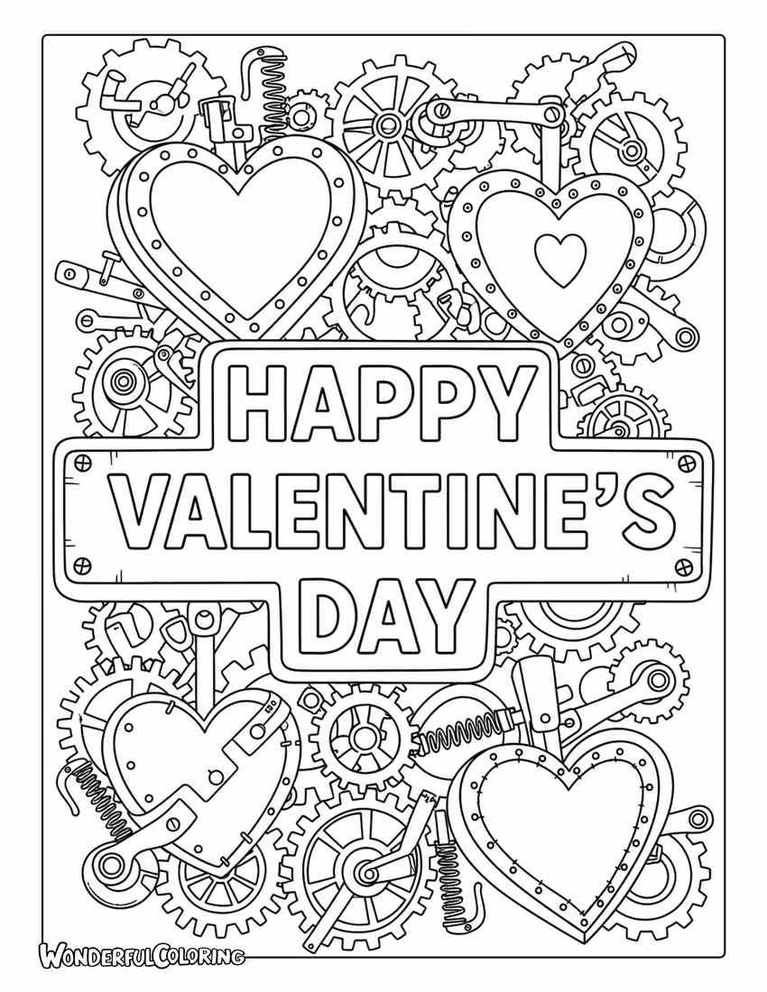 Happy Valentine’s Day steampunk hearts gears coloring page