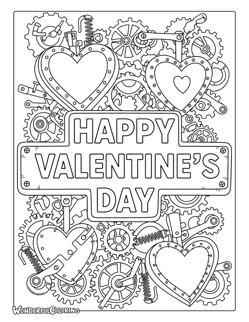 Happy Valentine’s Day steampunk hearts gears coloring page