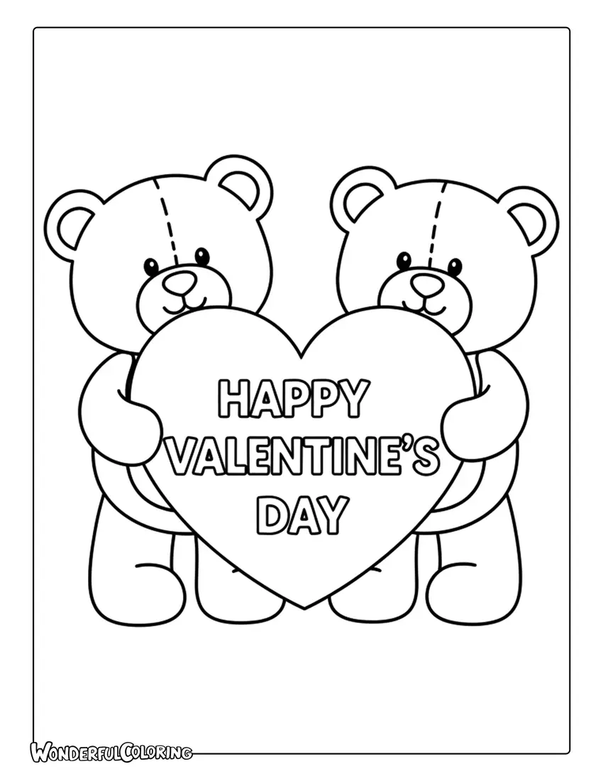 Happy Valentine’s Day teddy bears holding heart coloring page