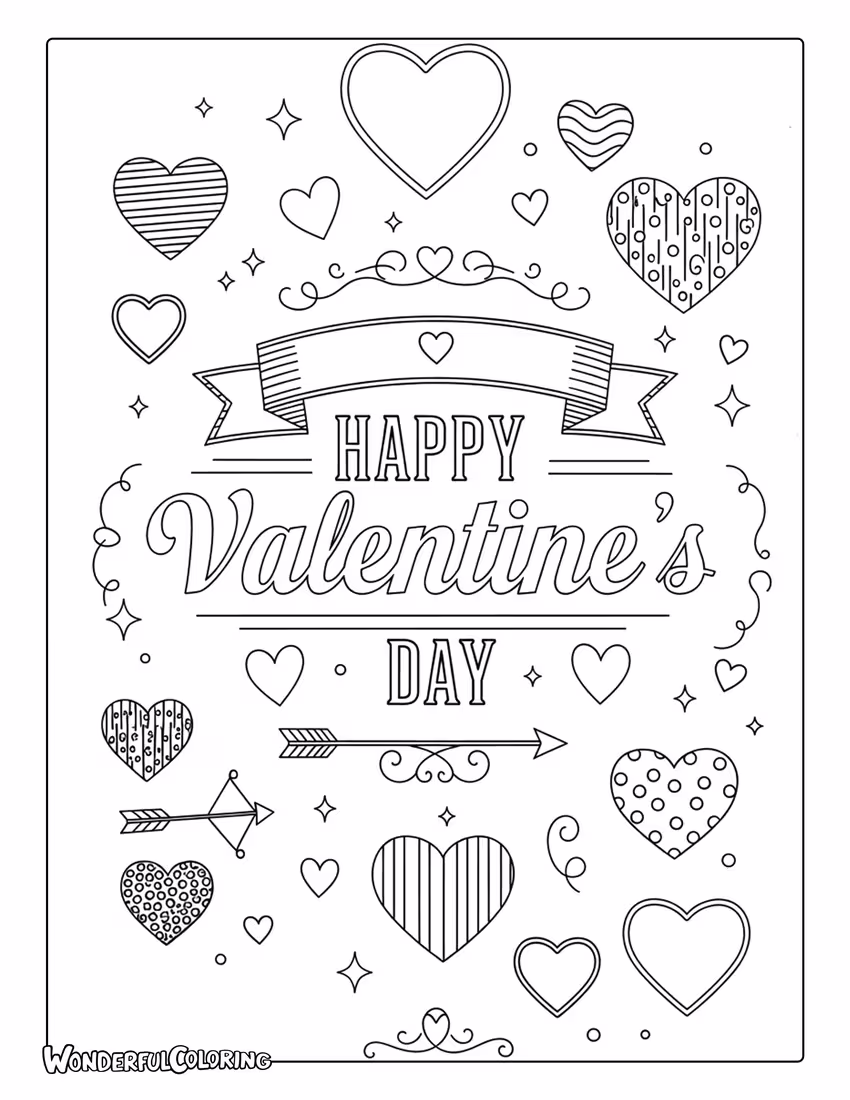 Happy Valentine’s Day vintage poster style coloring page