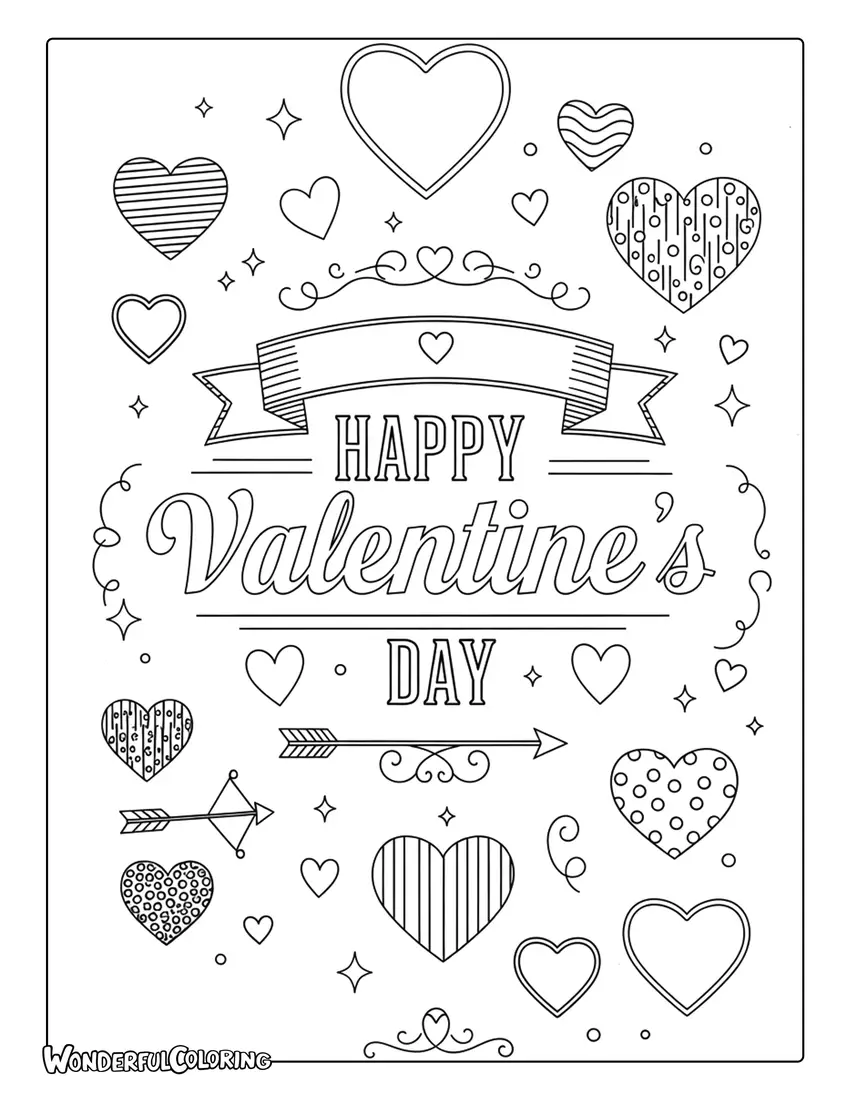 Happy Valentine’s Day vintage poster style coloring page