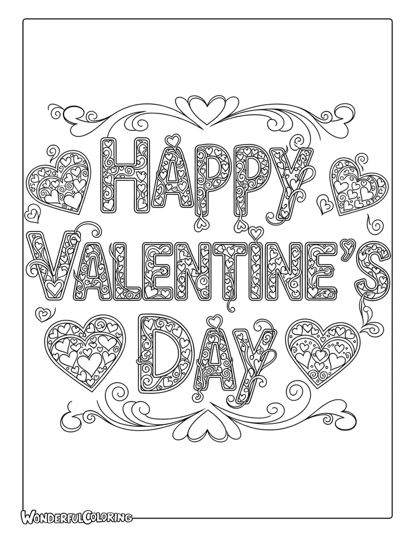 Happy Valentine’s Day zentangle hearts coloring page