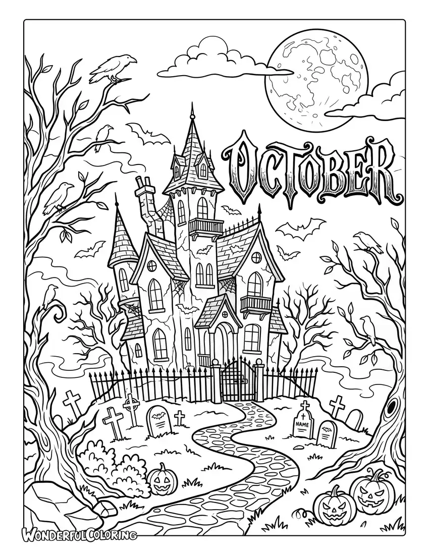 Haunted mansion coloring page with twisted trees, glowing windows, ravens, mist, and full moon