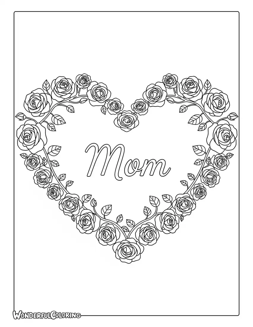 heart mothers day floral heart design coloring page roses vines