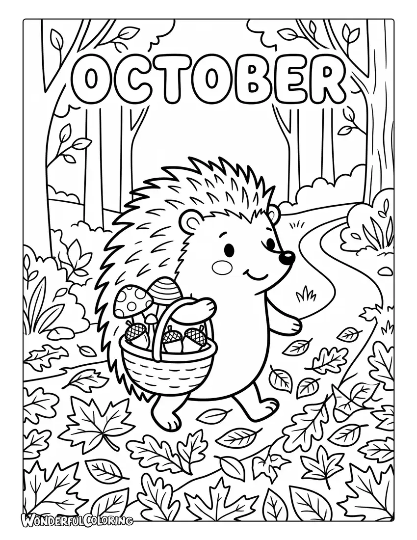 Hedgehog autumn coloring page with mushrooms, acorns, fallen leaves, and woodland scene