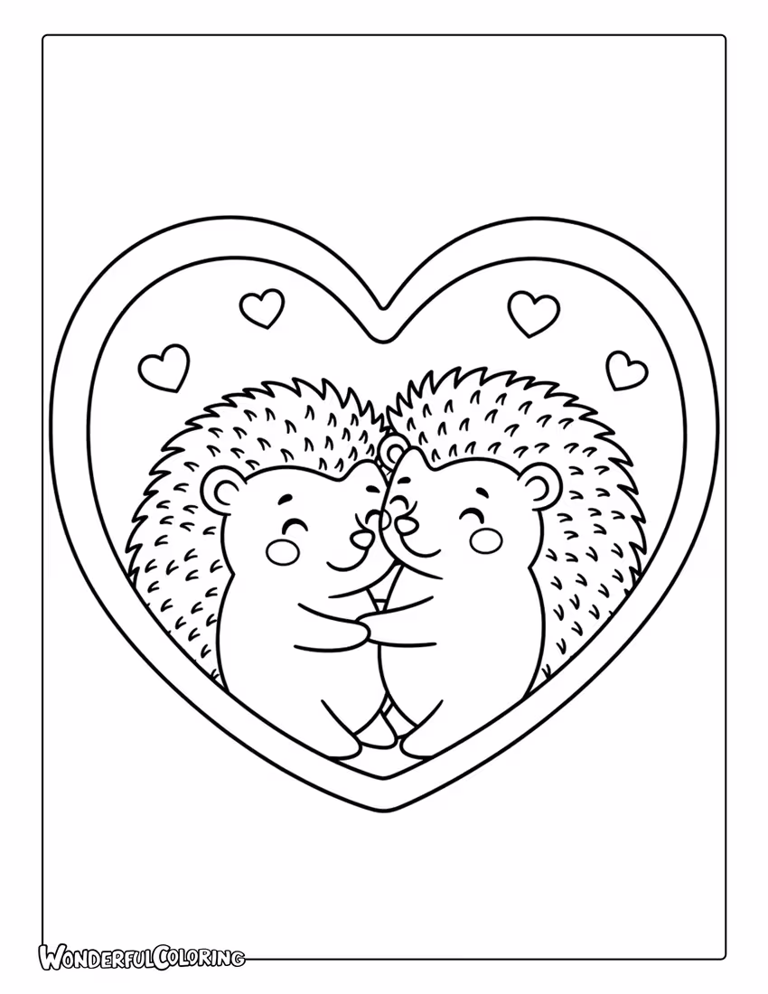 Hedgehog couple cuddling in heart frame Valentine coloring page