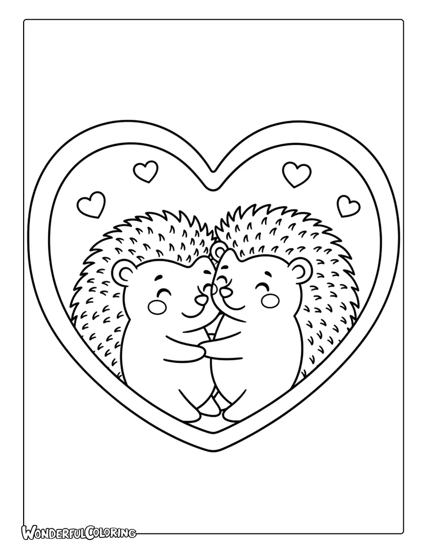 Hedgehog couple cuddling in heart frame Valentine coloring page