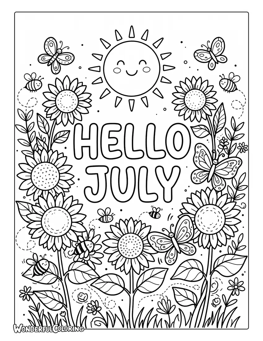 Hello July sunflower coloring page with butterflies, bees, and smiling sun