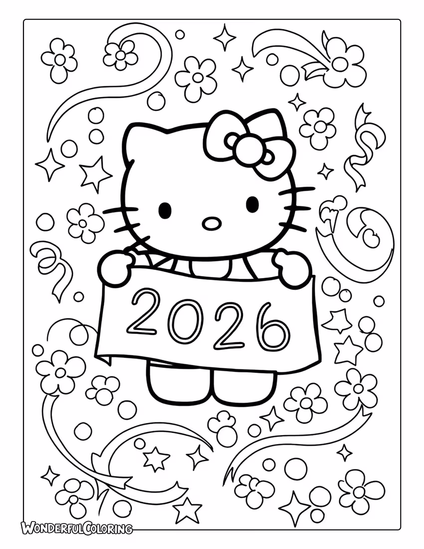Hello Kitty 2026 Coloring Page with flowers and ribbons.