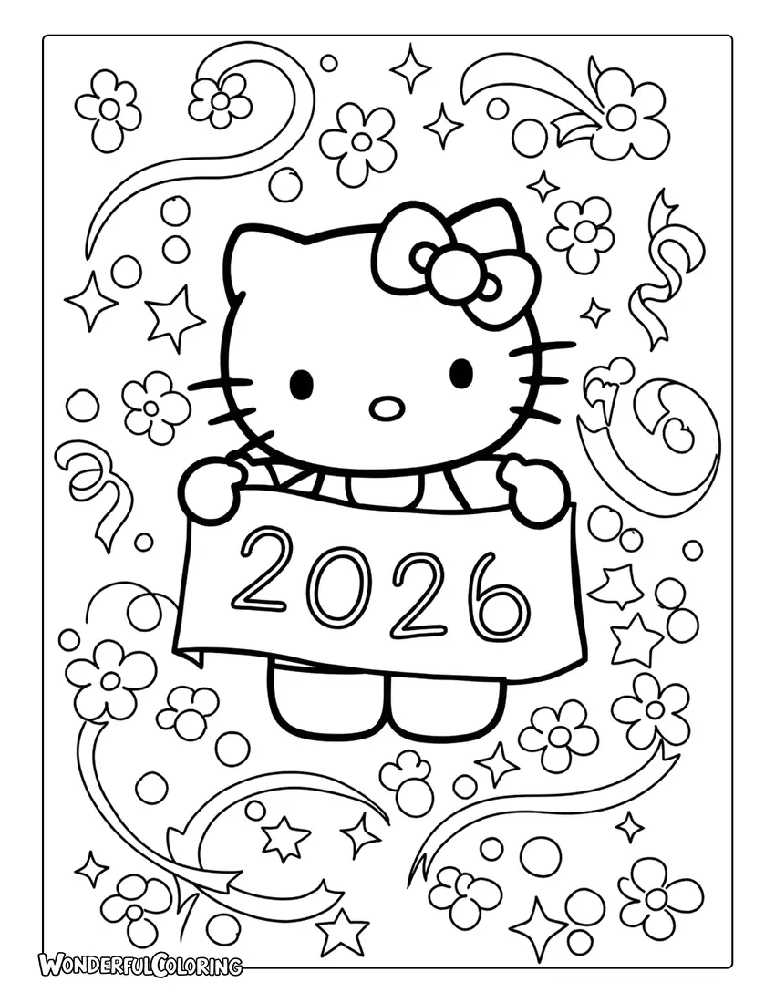 Hello Kitty 2026 Coloring Page with flowers and ribbons.