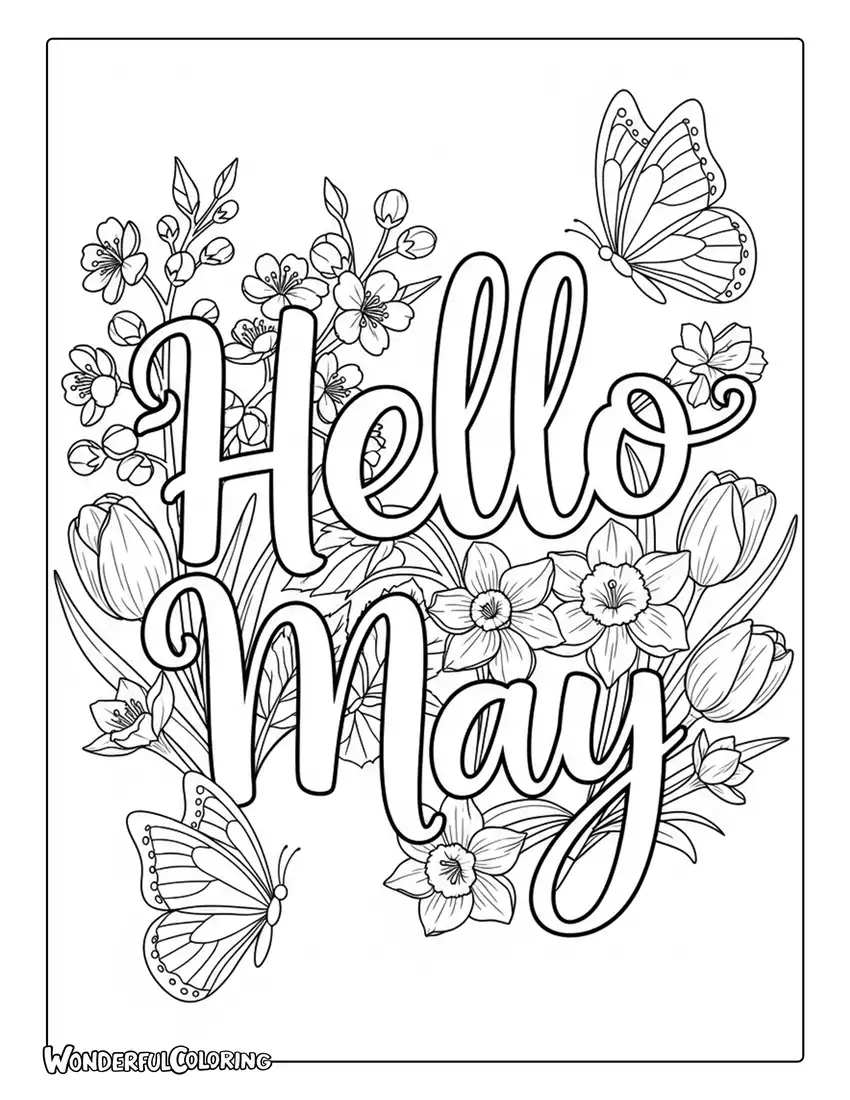 Hello May hand-lettered text with butterflies and blossoms coloring page
