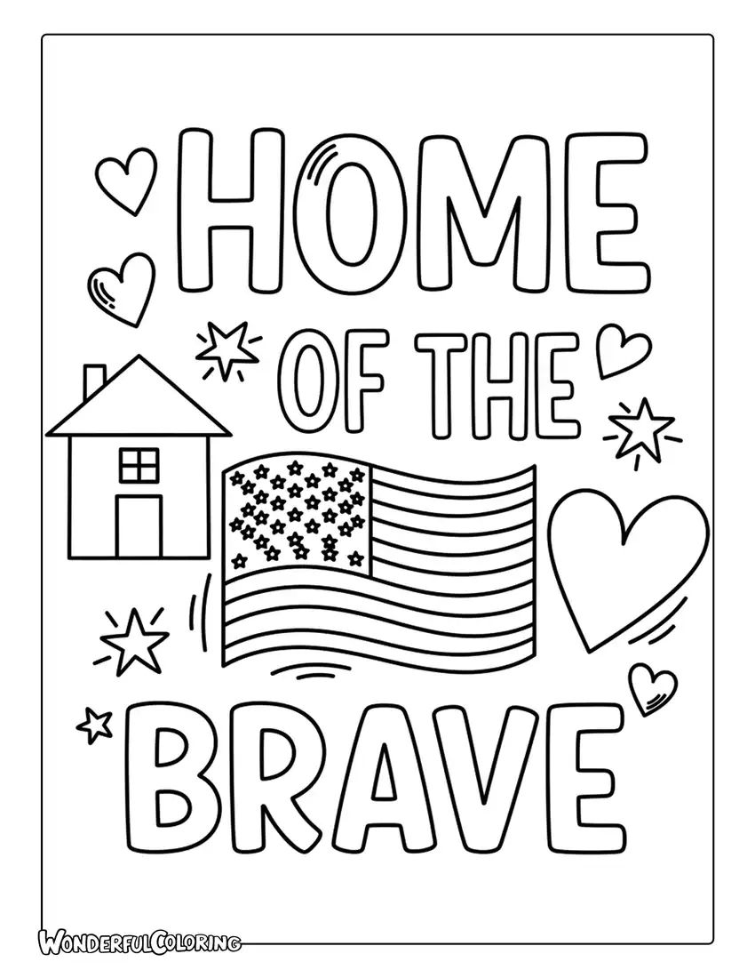 Home of the Brave House Flag Doodle Coloring Page