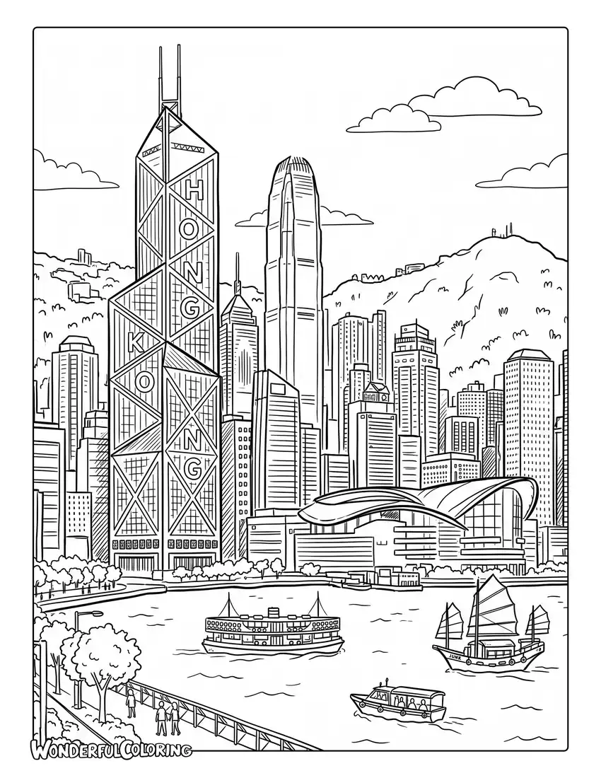 Bank of China Tower and Hong Kong skyline coloring page