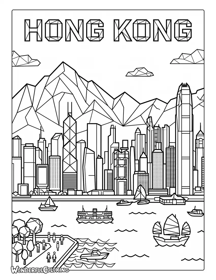Hong Kong geometric skyline with mountains and harbor coloring page