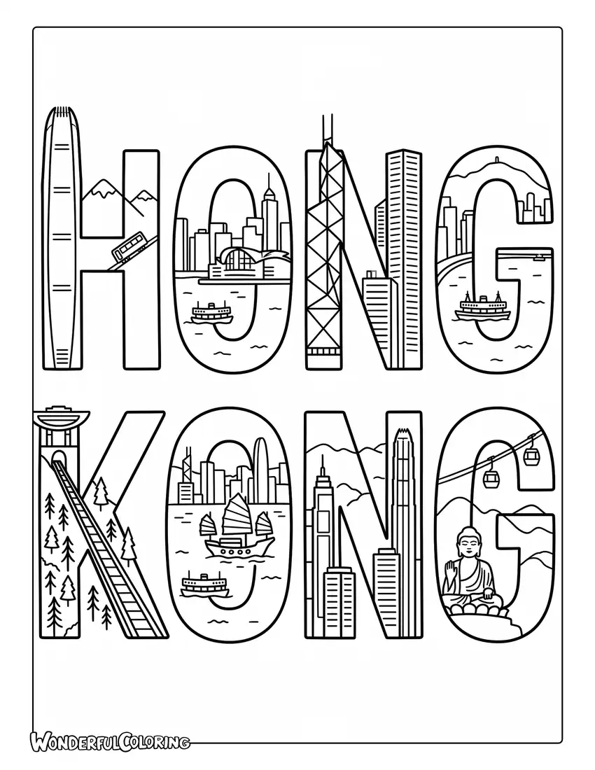 Hong Kong landmark city name design coloring page