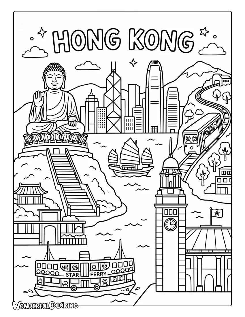 Hong Kong landmarks with Big Buddha and Star Ferry coloring page