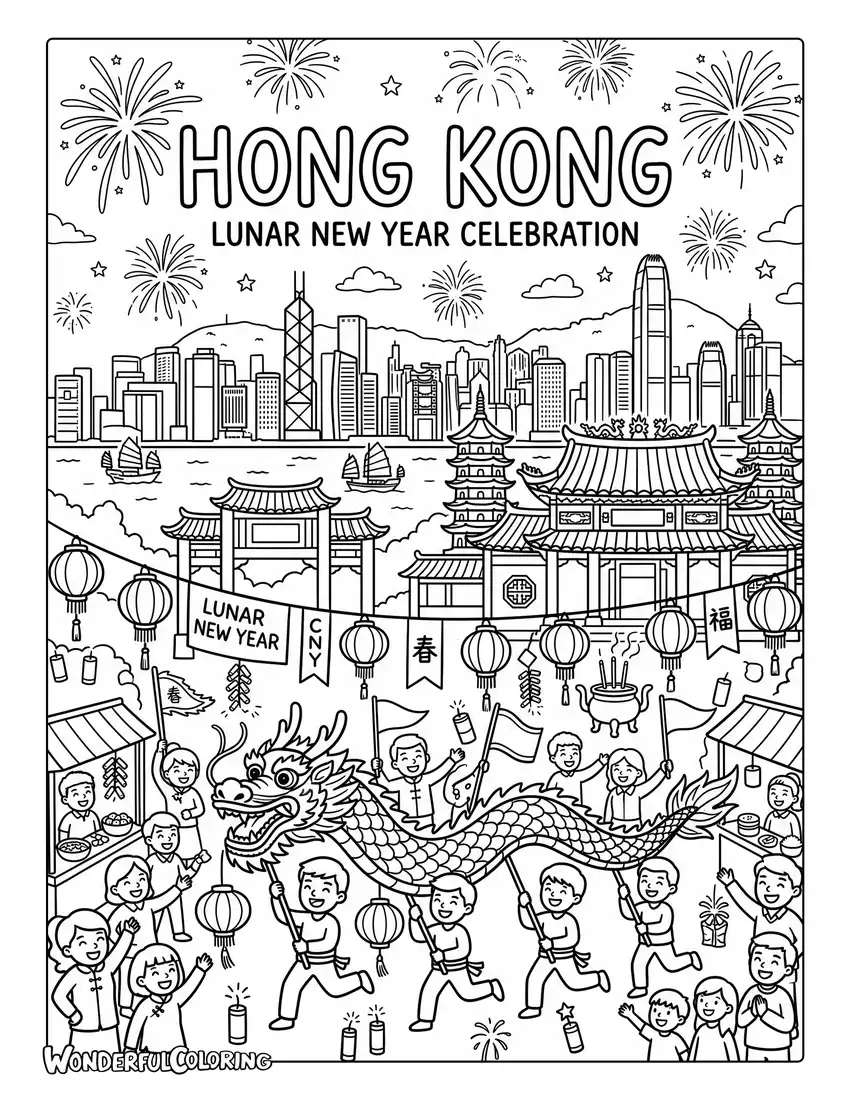 Hong Kong Lunar New Year with dragon dance and lanterns coloring page