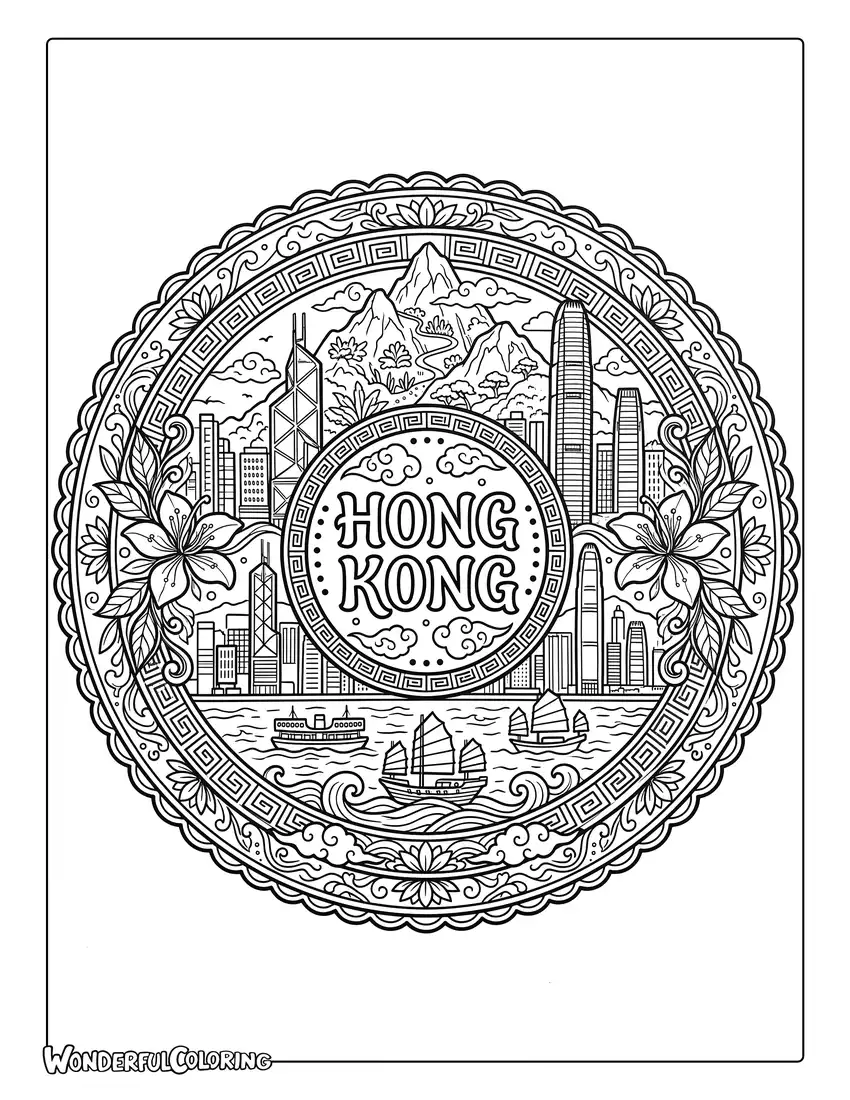 Hong Kong mandala with skyline and bauhinia flower coloring page