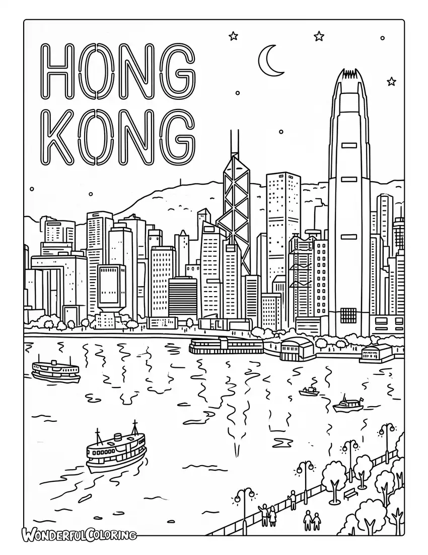Hong Kong night skyline and Victoria Harbour coloring page