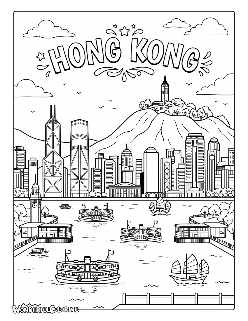 Hong Kong skyline with Victoria Harbour and Star Ferry coloring page