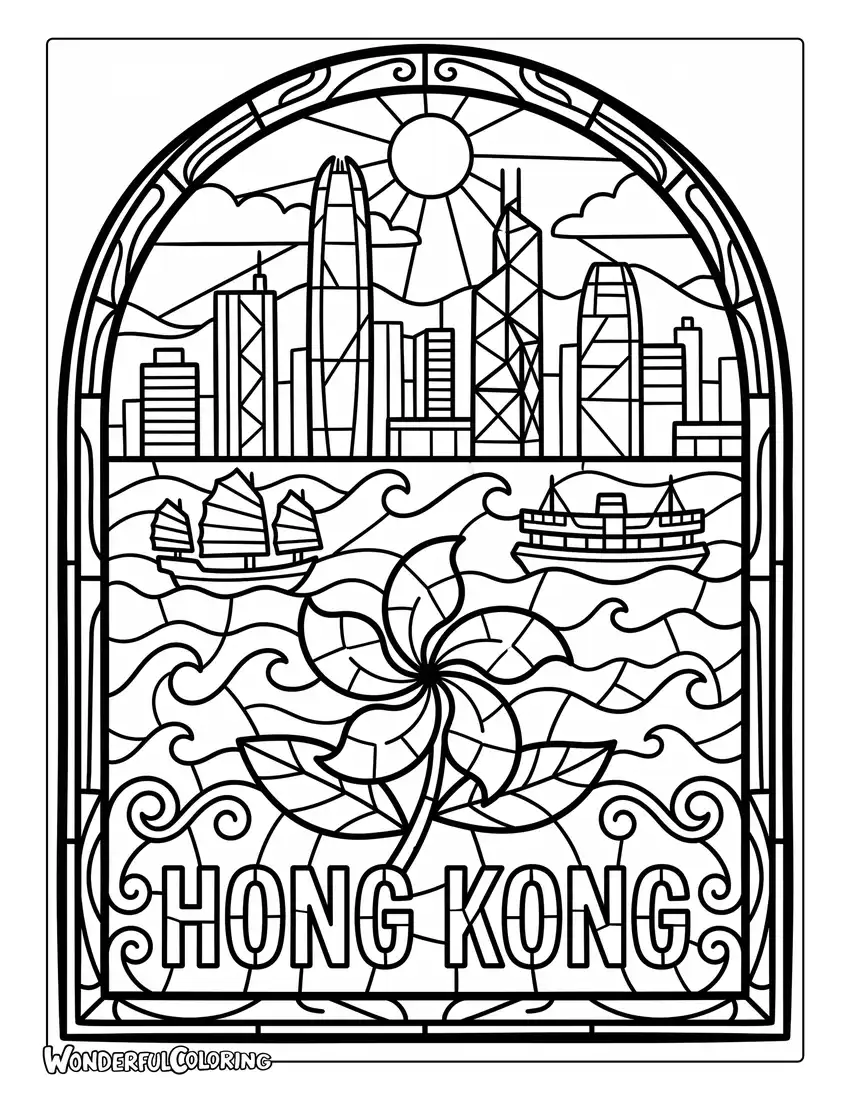 Hong Kong skyline and bauhinia stained glass coloring page