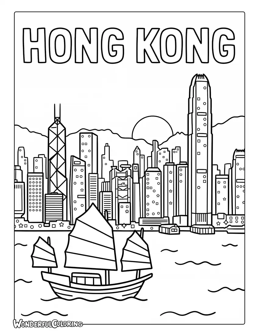 Hong Kong skyline and Victoria Harbour sunset coloring page