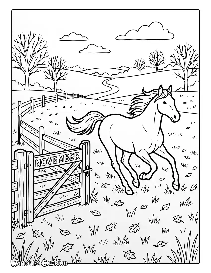 November horse coloring page featuring running horse, golden grass field, scattered autumn leaves, and wooden gate