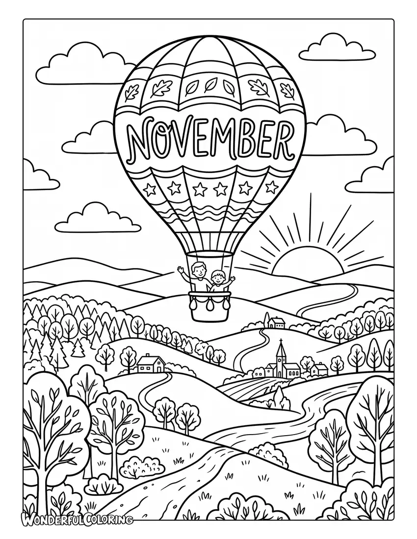 November hot air balloon coloring page with floating balloon, rolling autumn hills, sunrise, and scenic sky