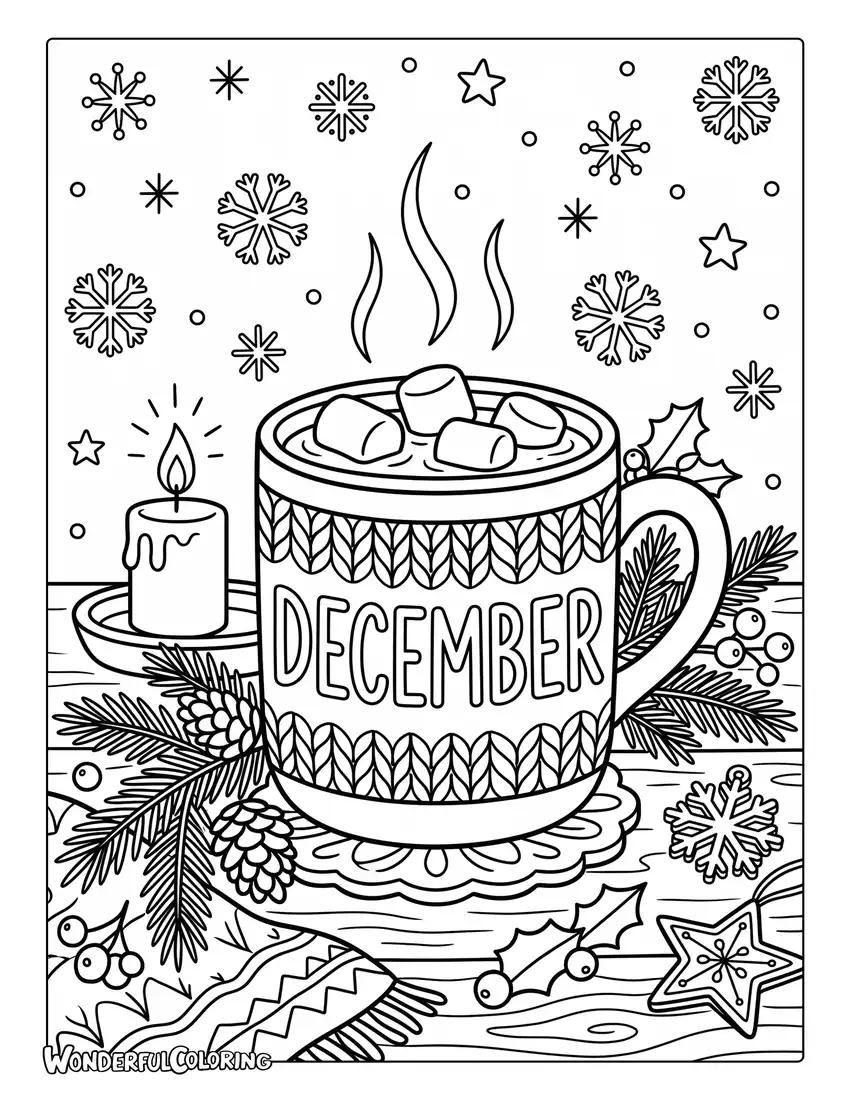 December hot chocolate coloring page with a steaming mug, marshmallows, candles, pine branches, and winter decorations
