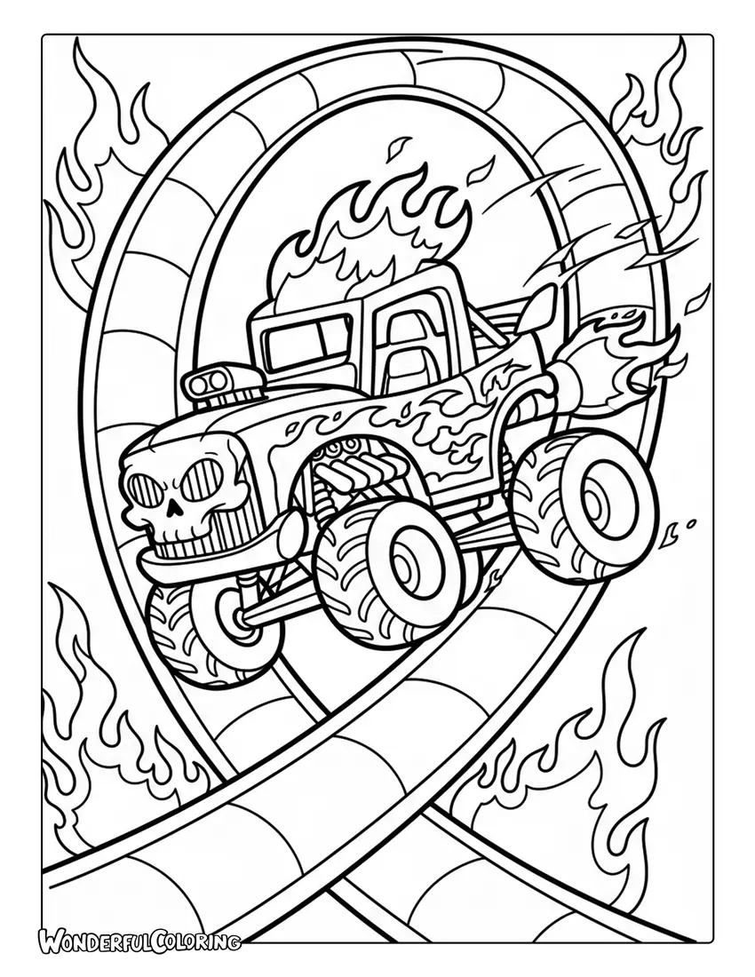 Hot Wheels Bone Shaker monster car loop track flames coloring page