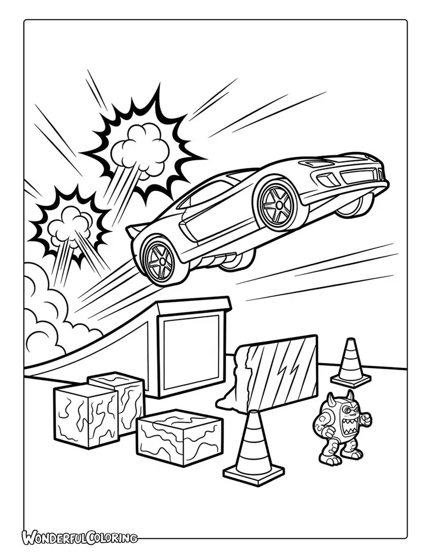 Hot Wheels car ramp jump obstacles explosions coloring page