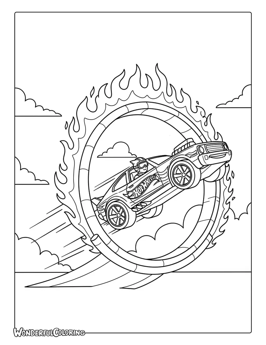 Hot Wheels car stunt flaming hoop jump coloring page