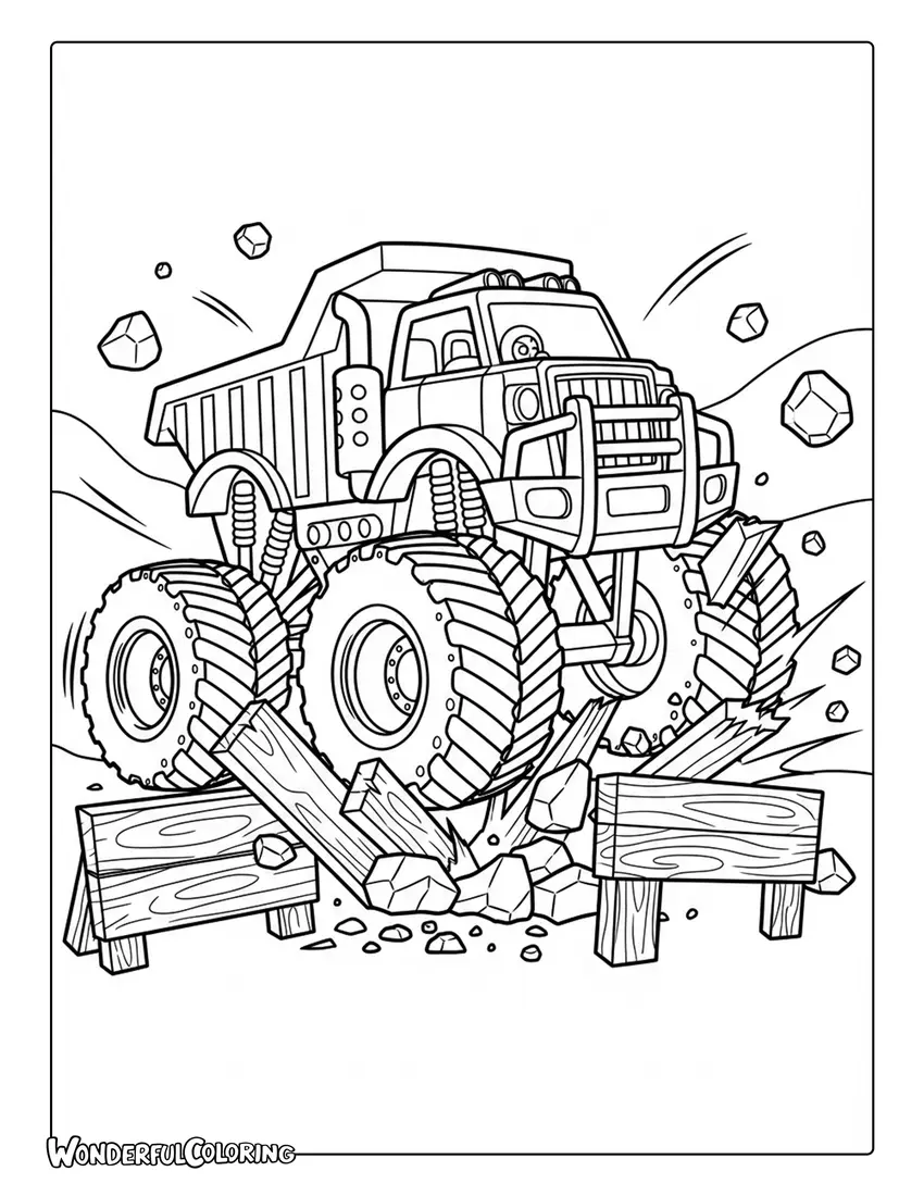 Hot Wheels construction monster truck smashing rocks coloring page