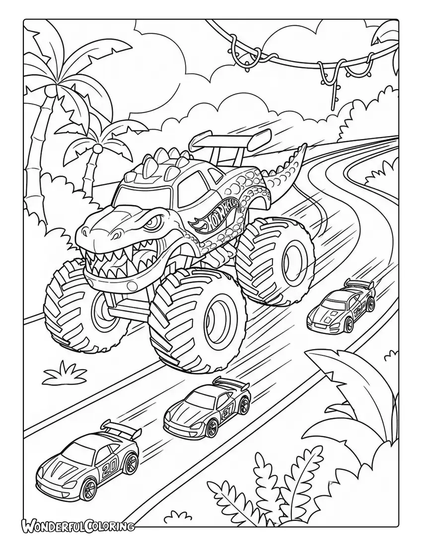 Hot Wheels dinosaur monster truck jungle chase coloring page