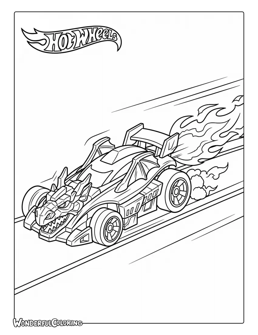 Hot Wheels dragon themed race car fire track coloring page