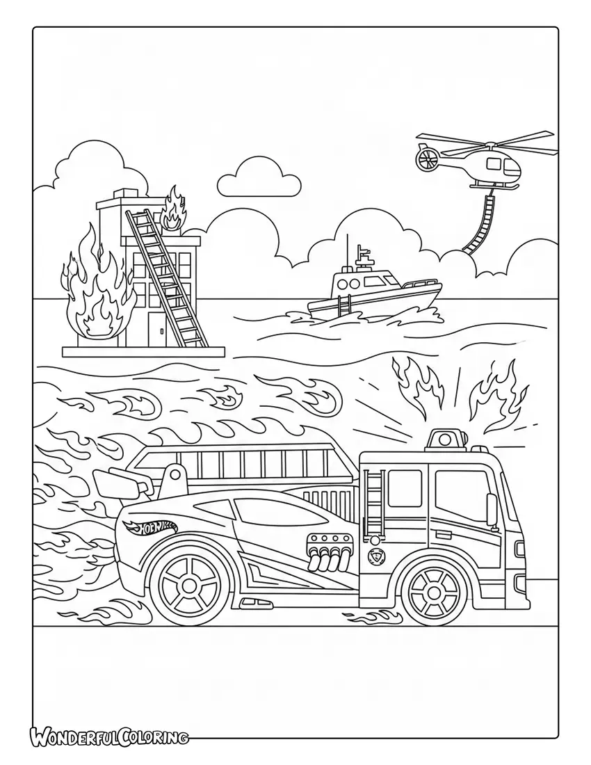 Hot Wheels fire truck race car hybrid flames rescue coloring page