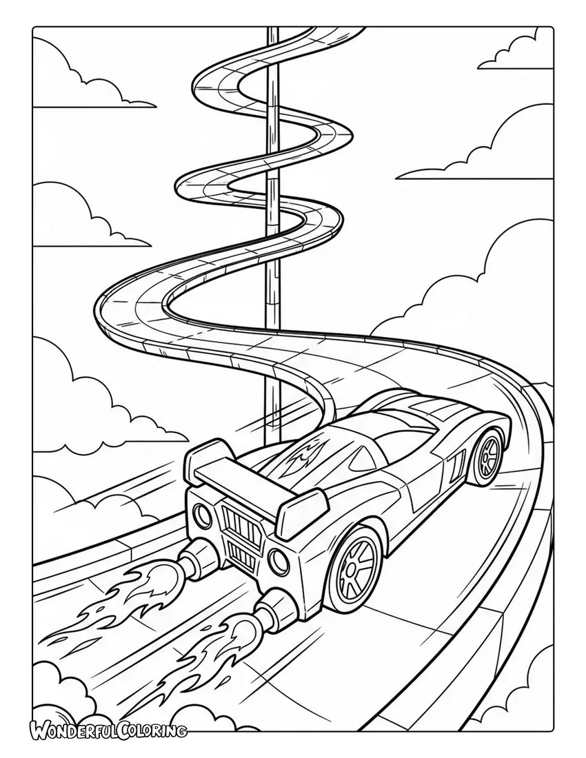 Hot Wheels futuristic race car rocket boosters spiral track sky coloring page