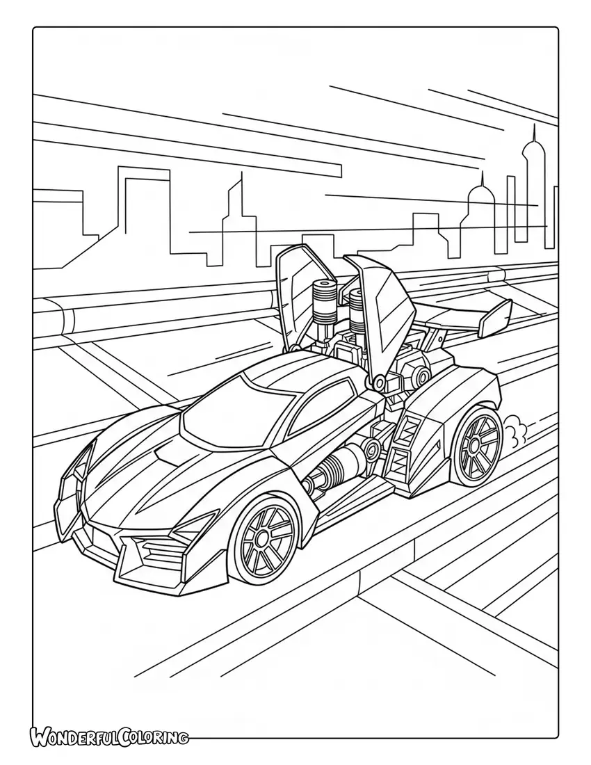 Hot Wheels transforming robot car futuristic track coloring page