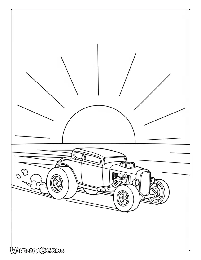 Hot Wheels hot rod car oversized wheels sunset coloring page