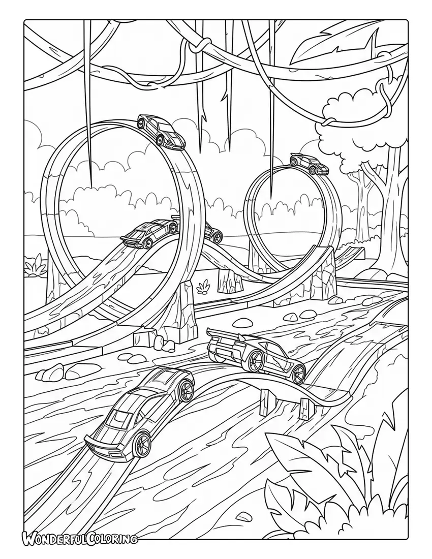 Hot Wheels jungle track vines river jump coloring page