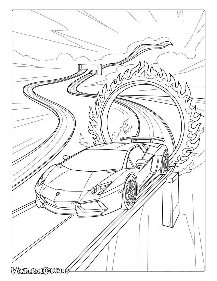 Hot Wheels Lamborghini style supercar toy fire rings jumps coloring page